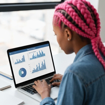 A person analyzing data on a laptop, with charts and graphs related to SEO performance, no text, no words, no typography, clean image