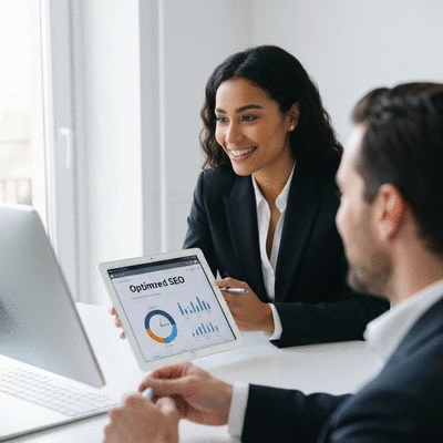 Femme d'affaires souriante discutant avec un client dans un bureau moderne de Carpentras, montrant des résultats SEO sur une tablette