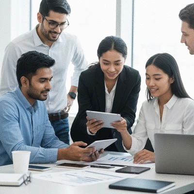 People collaborating on a project, symbolizing backlinking and partnerships