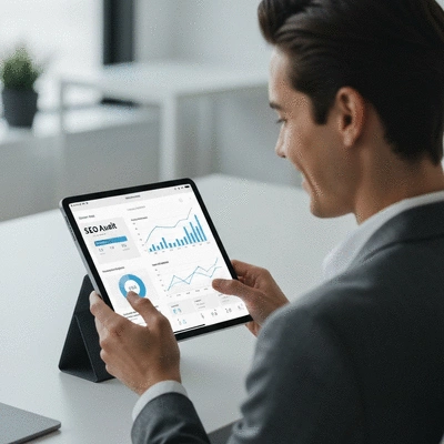 Personne utilisant une tablette avec des graphiques SEO affichés, symbolisant un audit SEO