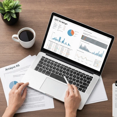 Vue de dessus d'un bureau avec un ordinateur portable affichant des données SEO et des documents d'analyse