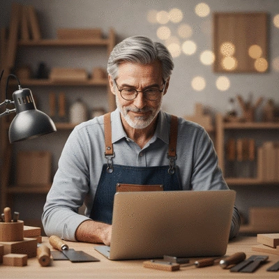 Artisan working on a laptop, optimizing SEO, with tools in the background