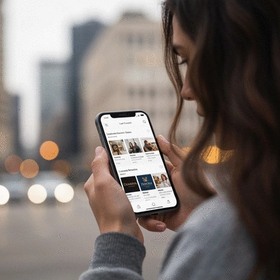 Person using a smartphone to search for local businesses in a city environment