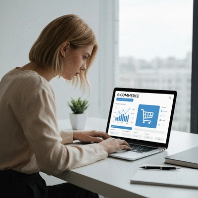 Personne travaillant sur un ordinateur portable, affichant des statistiques et des outils d'e-commerce