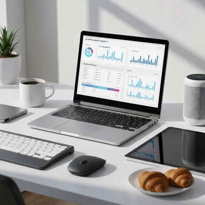 Modern workspace with a laptop displaying web analytics, surrounded by various tech gadgets and coffee, symbolizing effective digital strategy, no text, no words, no typography