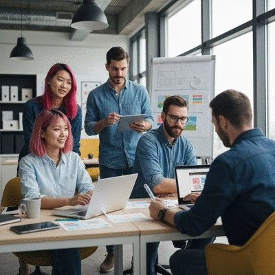 Professional team collaborating on website design, modern office setting