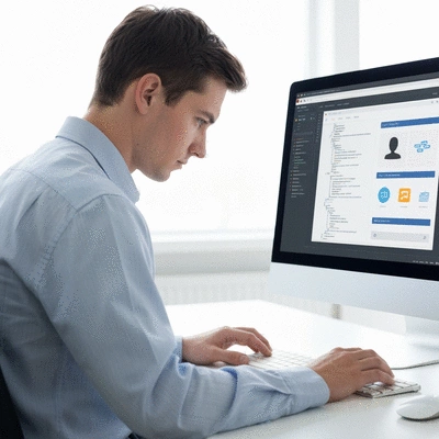 Web designer working on a modern website interface on a computer, with code and design elements visible, no text, no words, no typography, clean image