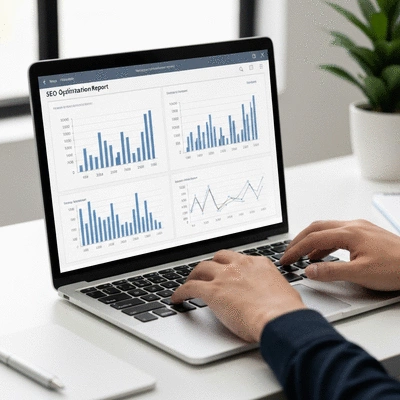 SEO optimization report on a laptop screen with graphs and data