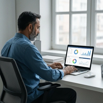 Person analyzing SEO data on a laptop screen with charts and graphs