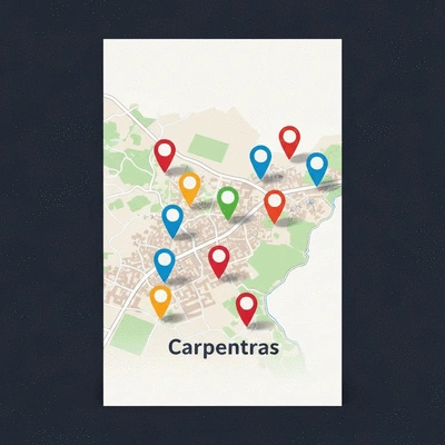 Carte de Carpentras avec des épingles de localisation et des icônes SEO, illustrant le SEO local pour les entreprises à Carpentras, pas de texte, pas de mots, pas de typographie, 8K, image propre