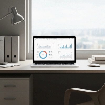 Modern office workspace with a laptop displaying a website performance dashboard