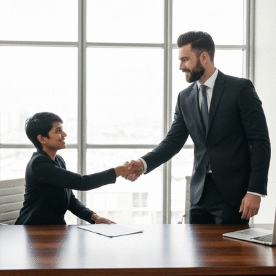 Two professionals shaking hands, implying successful business collaboration
