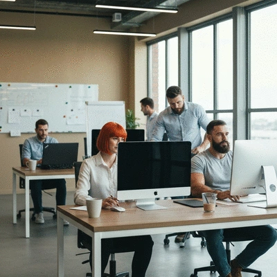 Modern digital marketing agency office with team collaborating