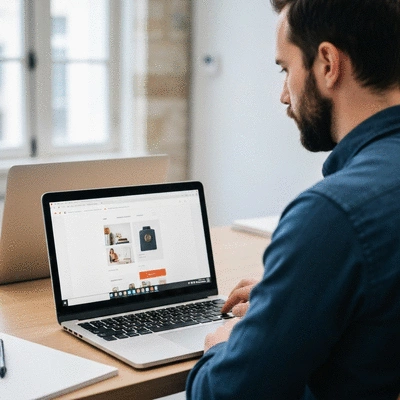 Webmaster working on an e-commerce website on a laptop in a modern office, French setting, no text, no words, no typography, 8K