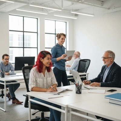 Team of small business employees collaborating and learning about new digital tools on computers in a modern workspace