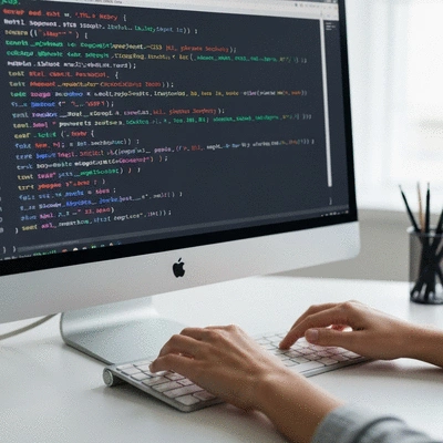 Close-up of a computer screen showing HTML, CSS, and JavaScript code, with a person's hands typing on a keyboard in the foreground, no text, no words, no typography, 8K