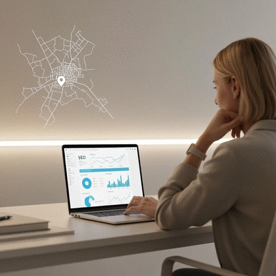 Personne travaillant sur un ordinateur portable affichant des données SEO, avec une carte de Carpentras en arrière-plan, symbolisant la visibilité locale