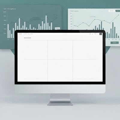 Modern website design on a desktop computer with analytics graphs in the background, clean, professional, no text, no words, no typography