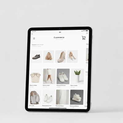 Modern e-commerce platform displayed on a tablet, showing product listings and shopping cart, clean background, no text, no words, no typography, 8K