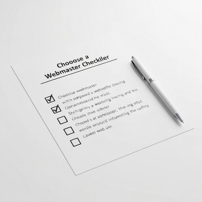 Checklist for choosing a webmaster with checkboxes and pen, clean, professional setup