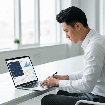 Personne travaillant sur un ordinateur portable avec des graphiques SEO affichés