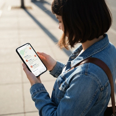 Person using a smartphone to search for local businesses, with map pins visible on the screen, clean image