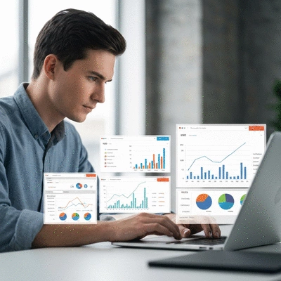 Person using a laptop to optimize a website with SEO tools, showing growth charts and search engine results, no text, no words, no typography, clean image