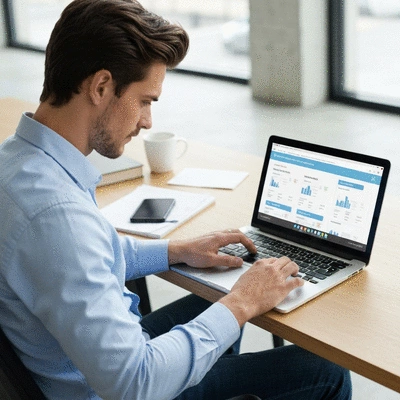 Person using a laptop to browse website building costs, focused and professional