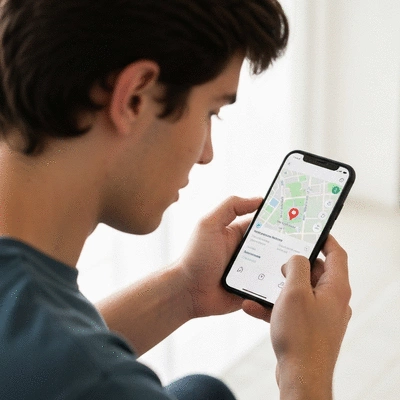Person using a smartphone to search for local businesses, with a map overlay indicating location, no text, no words, no typography, clean image