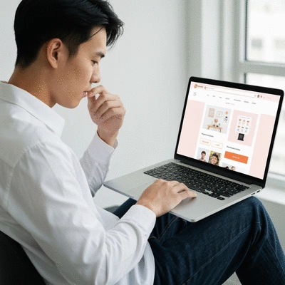 Person using a laptop with a modern, customized website displayed, reflecting brand identity, clean image
