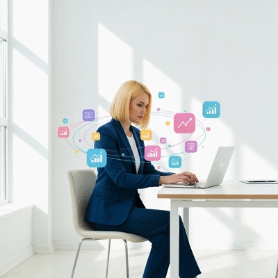 Personne travaillant sur un ordinateur portable avec des icônes d'analyse web flottantes, montrant la collaboration et le partenariat.