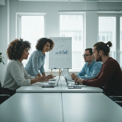 Team of web developers collaborating on website security and performance, in a modern office setting
