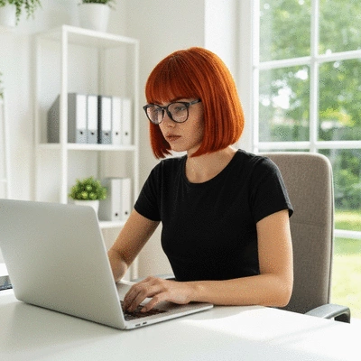 Webmaster freelance working on a laptop in a modern home office, focused and efficient