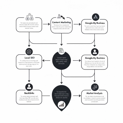 Diagram showing interconnected SEO strategies for local businesses