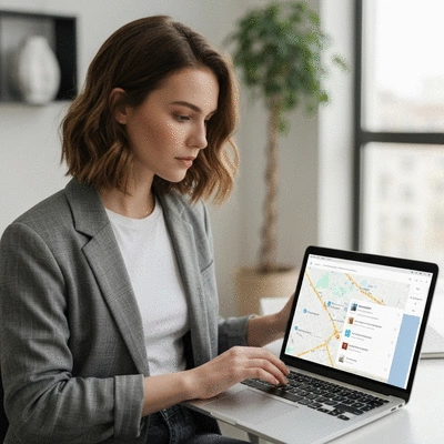 Person using a laptop with local map search results on screen, representing local SEO