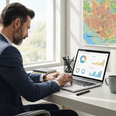 Person analyzing local SEO strategy on a laptop with a map of Carpentras in the background