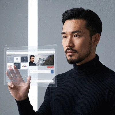 A person looking at a futuristic website interface on a transparent screen, symbolizing future web trends and continuous updates