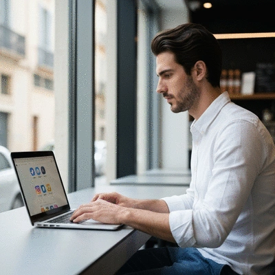 Personne utilisant un ordinateur portable dans un café à Carpentras, travaillant sur les réseaux sociaux