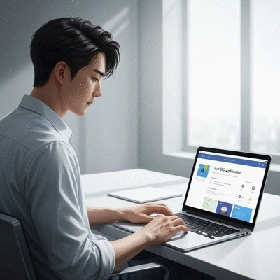 Person using a laptop with a modern website on screen, symbolizing online visibility and local SEO. The setting is bright and professional.
