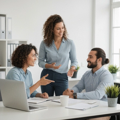 Modern business team collaborating around a digital marketing strategy, diverse group, clean office, no text, no words, no typography, clean image