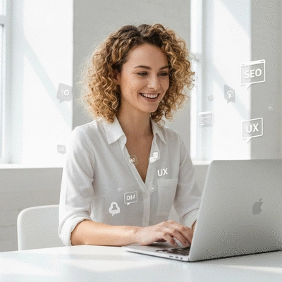 Personne utilisant un ordinateur portable pour travailler sur la refonte d'un site web, avec des icônes de SEO et d'UX flottant autour