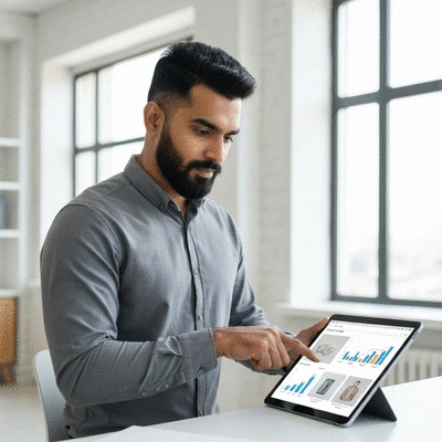 Personne utilisant une tablette pour gérer un site e-commerce avec des graphiques de vente
