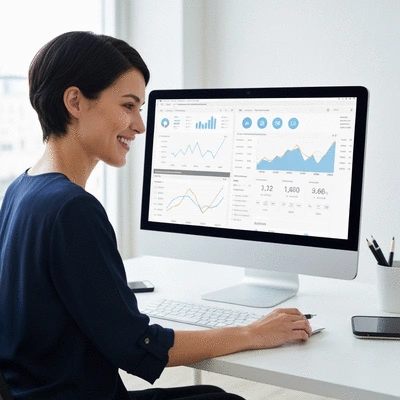Person analyzing data on a computer screen, showing website analytics, clean image