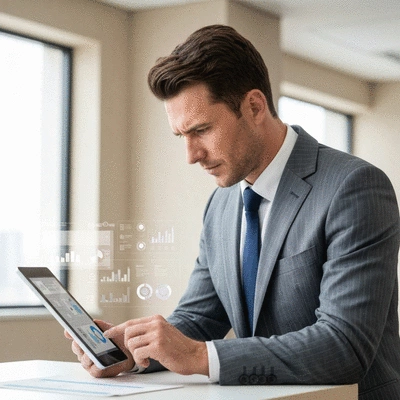 Businessman making a strategic decision using a tablet, with various digital marketing elements in the background