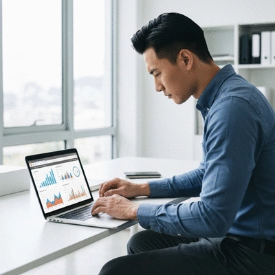 Professional web designer working on a laptop with website optimization tools on screen