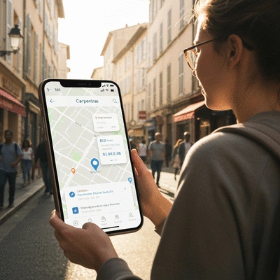 Personne utilisant un smartphone dans la ville de Carpentras, mettant en évidence les recherches locales et le SEO