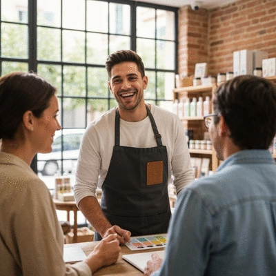Local business owner interacting with customers in a charming shop in Carpentras