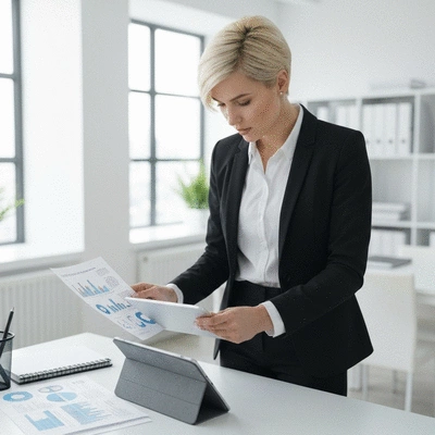 Business professional selecting an SEO agency, reviewing documents and data on a tablet