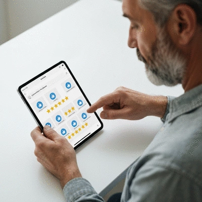 Personne gérant les avis clients sur une tablette, avec des étoiles et des icônes de pouce levé