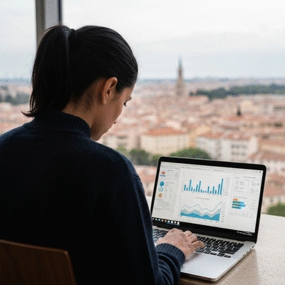 Personne travaillant sur un ordinateur portable, affichant des liens de backlinking sur l'écran, avec un arrière-plan flou de la ville de Carpentras, no text, no words, no typography, no labels, clean image